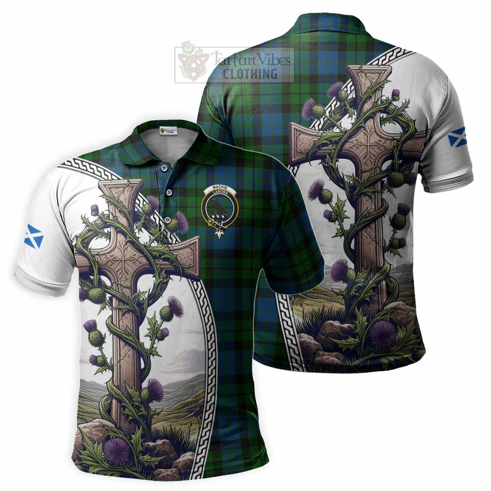 Tartan Vibes Clothing MacKie (McKie) Tartan Polo Shirt with Family Crest and St. Andrew's Cross Accented by Thistle Vines