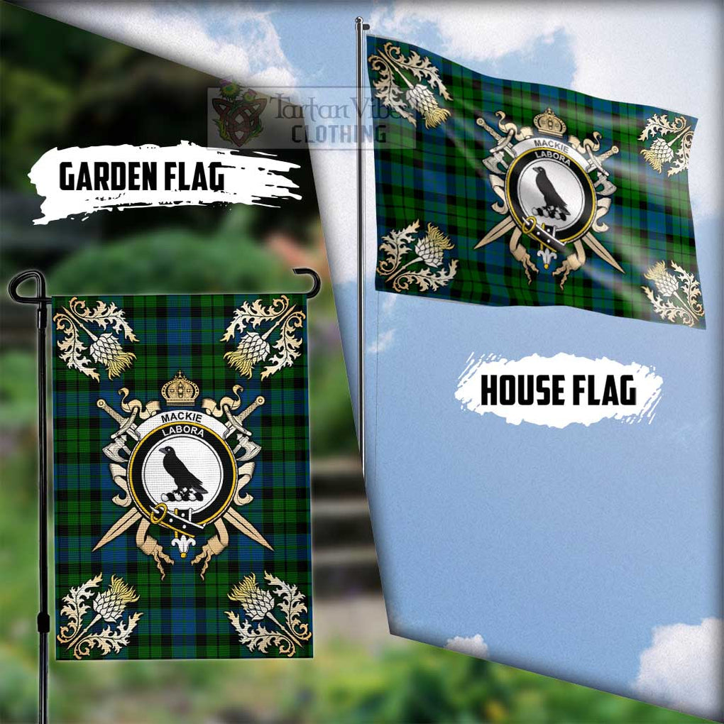 Tartan Vibes Clothing MacKie (McKie) Tartan Flag with Family Crest and Golden Thistle Crossed Sword Design