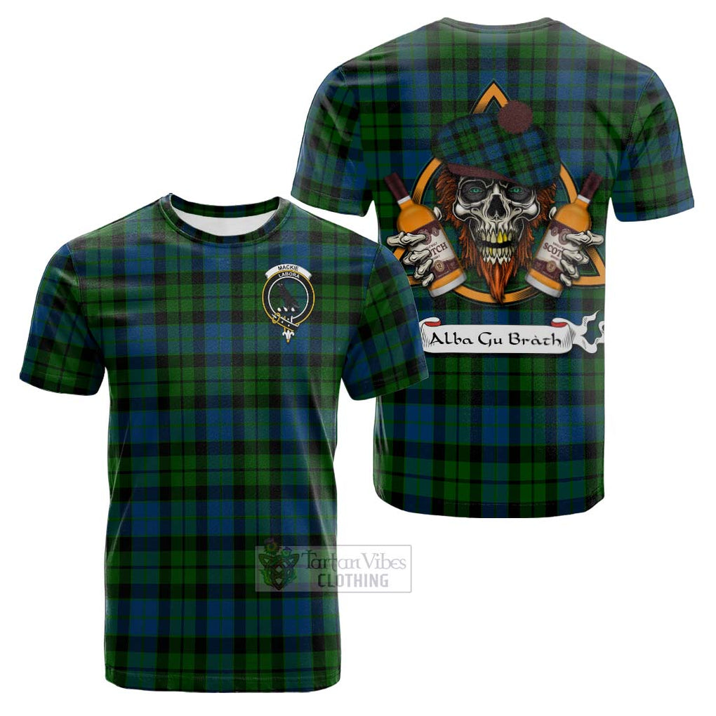 Tartan Vibes Clothing MacKie (McKie) Tartan Cotton T-shirt with Family Crest and Bearded Skull Holding Bottles of Whiskey