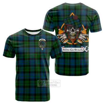 MacKie (McKie) Tartan Cotton T-shirt with Family Crest and Bearded Skull Holding Bottles of Whiskey