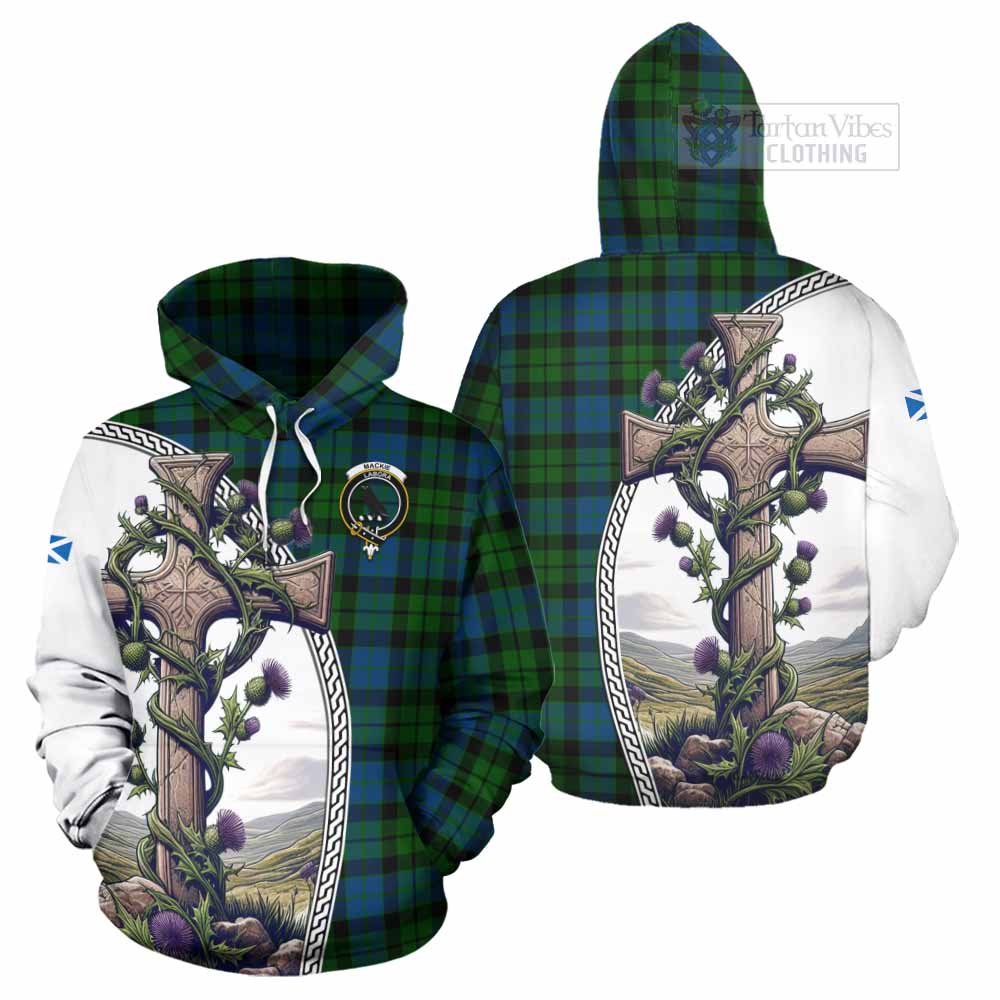 Tartan Vibes Clothing MacKie (McKie) Tartan Hoodie with Family Crest and St. Andrew's Cross Accented by Thistle Vines