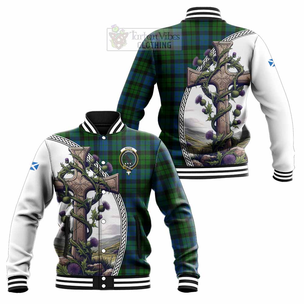 Tartan Vibes Clothing MacKie (McKie) Tartan Baseball Jacket with Family Crest and St. Andrew's Cross Accented by Thistle Vines