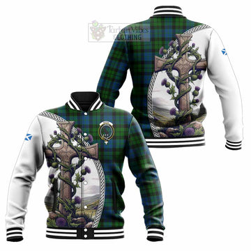 MacKie (McKie) Tartan Baseball Jacket with Family Crest and St. Andrew's Cross Accented by Thistle Vines