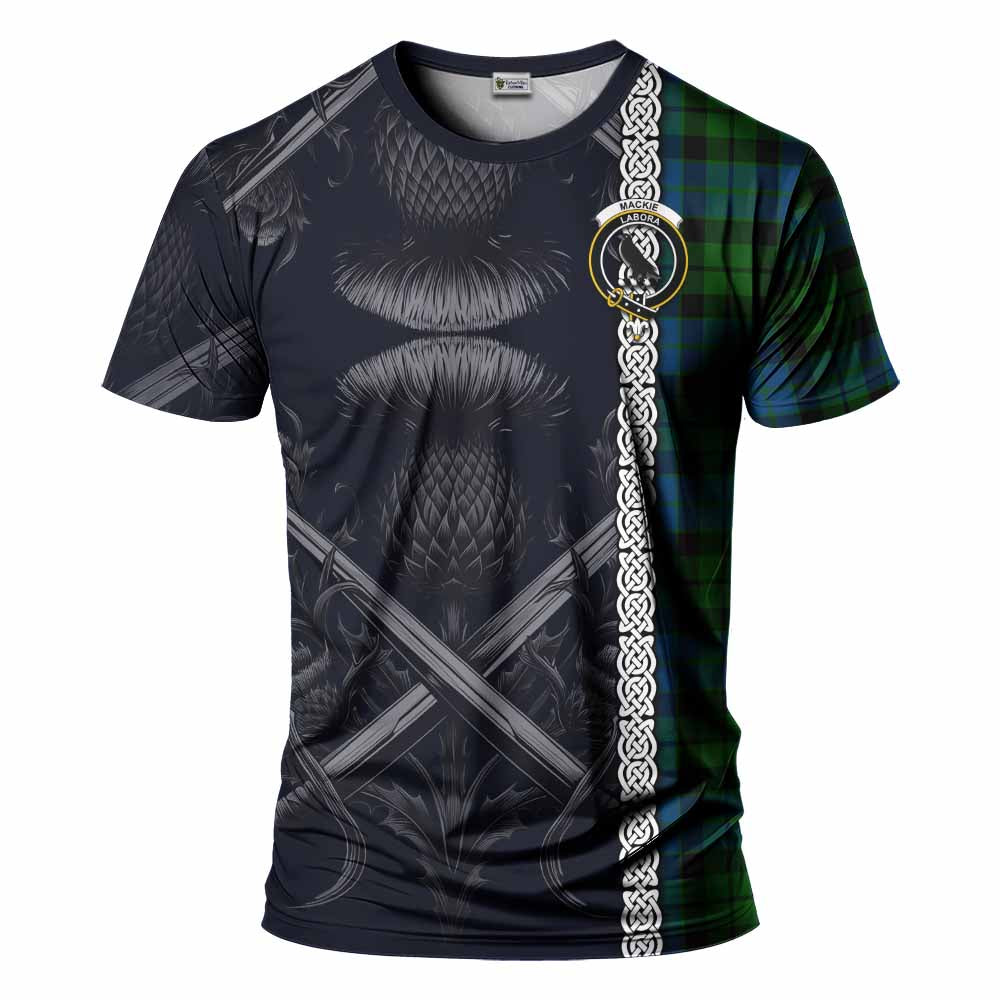 Tartan Vibes Clothing MacKie (McKie) Tartan T-Shirt with Family Crest Cross Sword Thistle Celtic Vibes