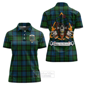 MacKie (McKie) Tartan Women's Polo Shirt with Family Crest and Bearded Skull Holding Bottles of Whiskey