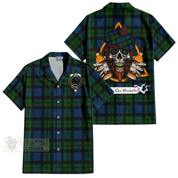 MacKie (McKie) Tartan Short Sleeve Button Shirt with Family Crest and Bearded Skull Holding Bottles of Whiskey