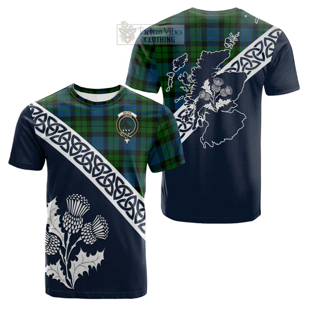 Tartan Vibes Clothing MacKie (McKie) Tartan Cotton T-shirt Featuring Thistle and Scotland Map