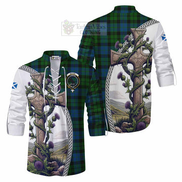 MacKie (McKie) Tartan Ghillie Kilt Shirt with Family Crest and St. Andrew's Cross Accented by Thistle Vines