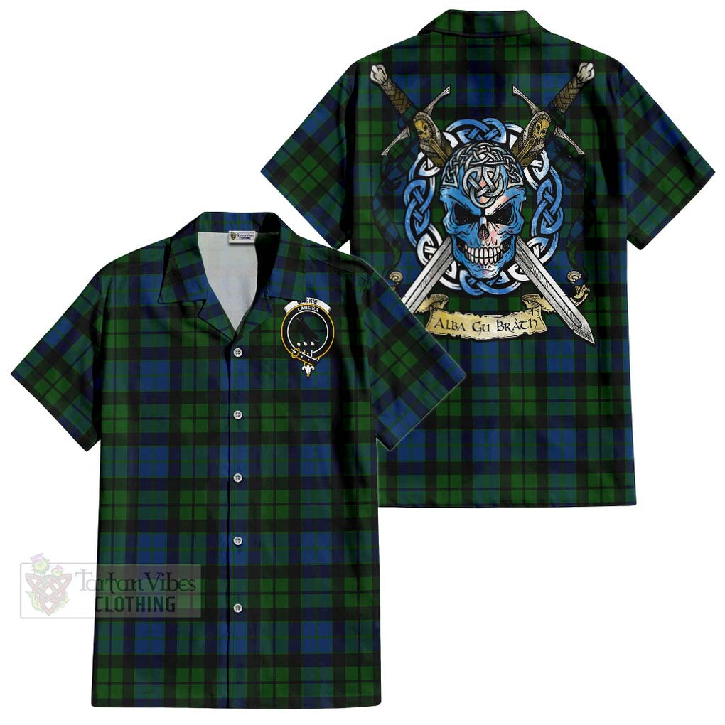 Tartan Vibes Clothing MacKie (McKie) Tartan Short Sleeve Button Shirt with Family Crest Celtic Skull Style