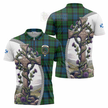 MacKie (McKie) Tartan Zipper Polo Shirt with Family Crest and St. Andrew's Cross Accented by Thistle Vines