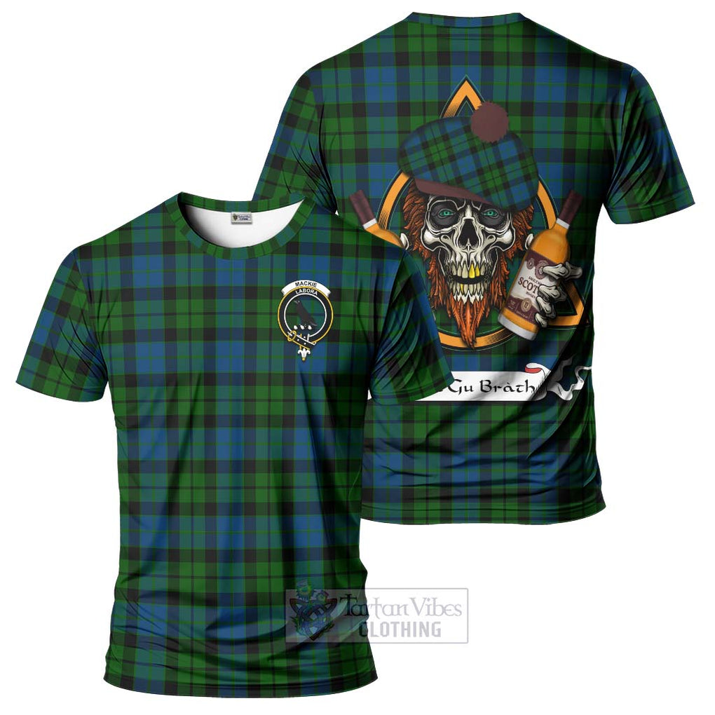 Tartan Vibes Clothing MacKie (McKie) Tartan T-Shirt with Family Crest and Bearded Skull Holding Bottles of Whiskey