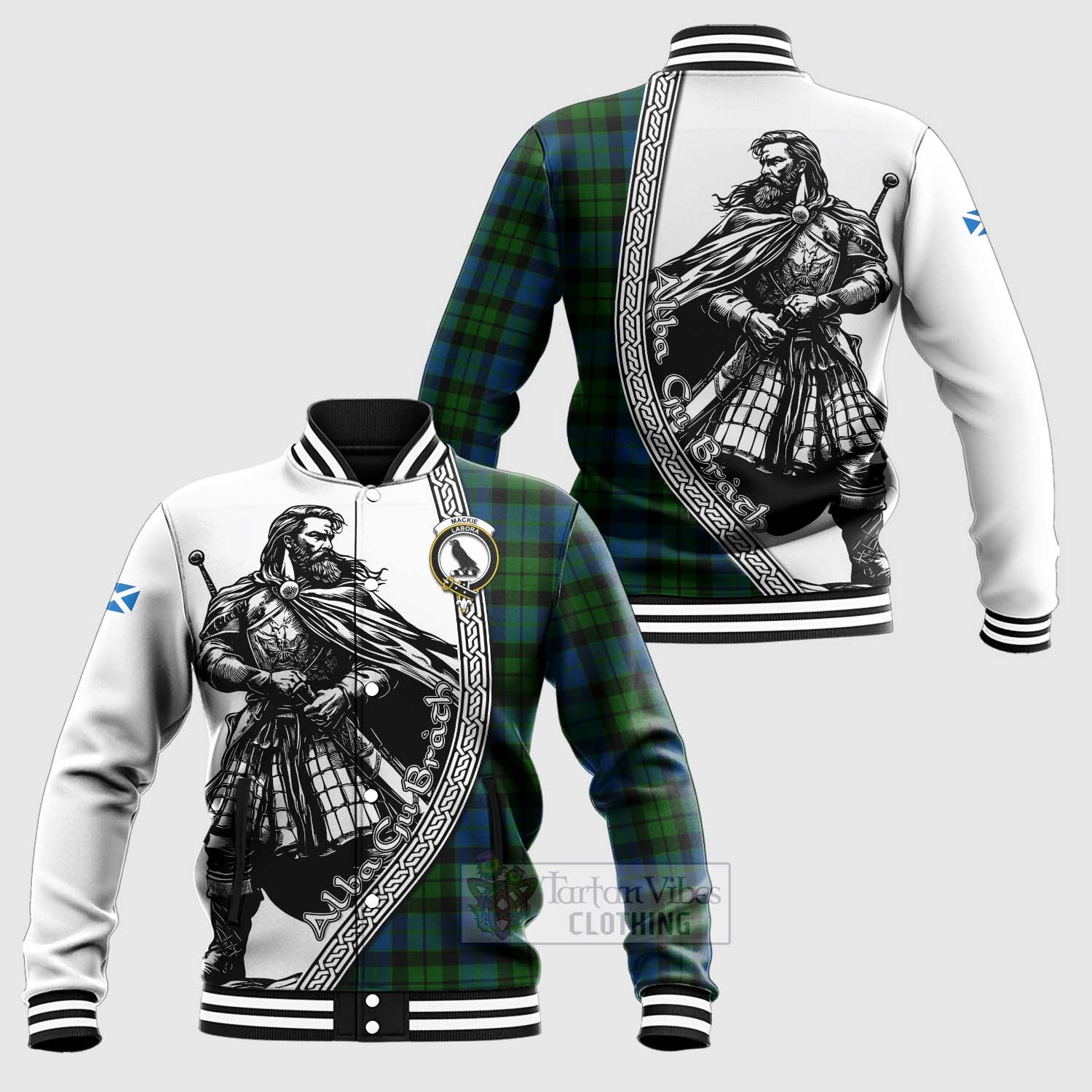 Tartan Vibes Clothing MacKie (McKie) Tartan Clan Crest Baseball Jacket with Highlander Warrior Celtic Style