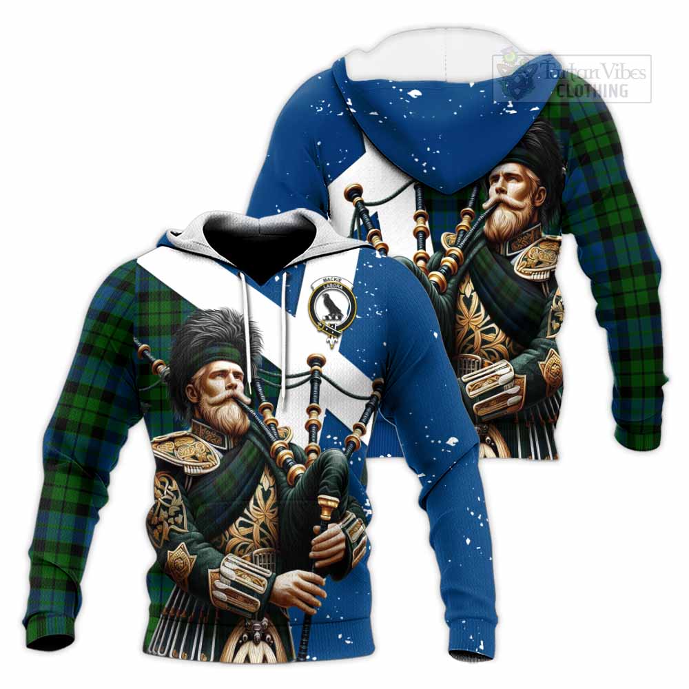 Tartan Vibes Clothing MacKie (McKie) Tartan Knitted Hoodie with Family Crest Scottish Bagpiper Vibes