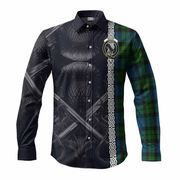 MacKie (McKie) Tartan Long Sleeve Button Shirt with Family Crest Cross Sword Thistle Celtic Vibes