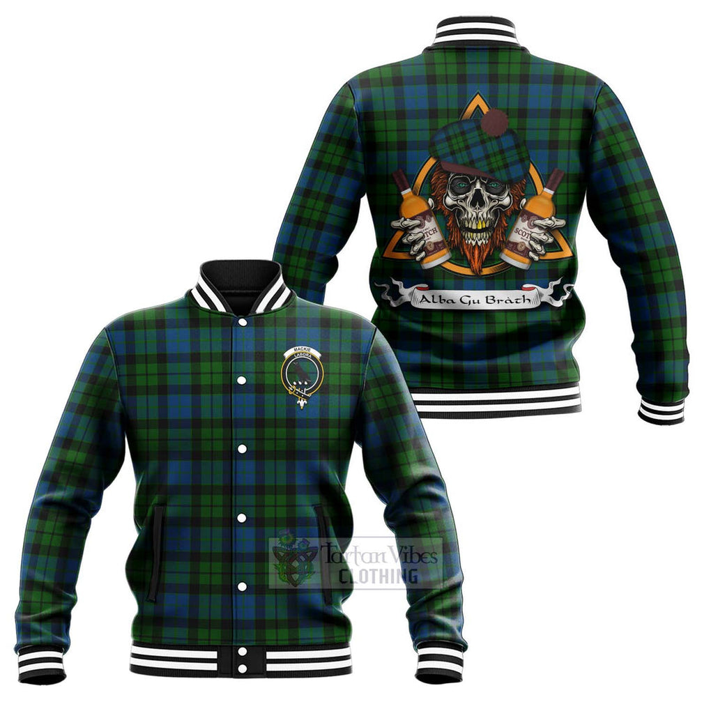 Tartan Vibes Clothing MacKie (McKie) Tartan Baseball Jacket with Family Crest and Bearded Skull Holding Bottles of Whiskey