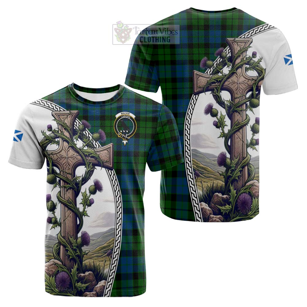 Tartan Vibes Clothing MacKie (McKie) Tartan Cotton T-shirt with Family Crest and St. Andrew's Cross Accented by Thistle Vines