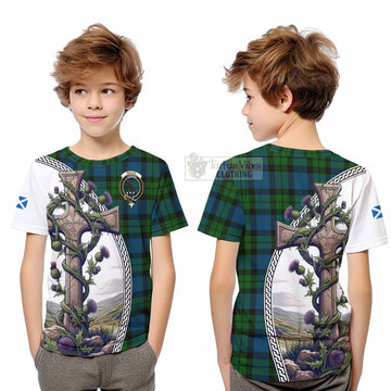 MacKie (McKie) Tartan Kid T-Shirt with Family Crest and St. Andrew's Cross Accented by Thistle Vines Youth XL Size14 - Tartan Vibes Clothing