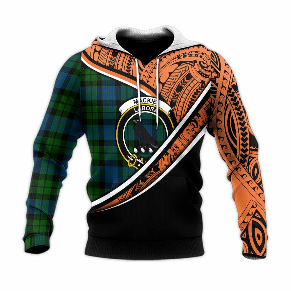 Tartan Vibes Clothing MacKie (McKie) Crest Tartan Knitted Hoodie with Maori Tattoo Style - Orange Version