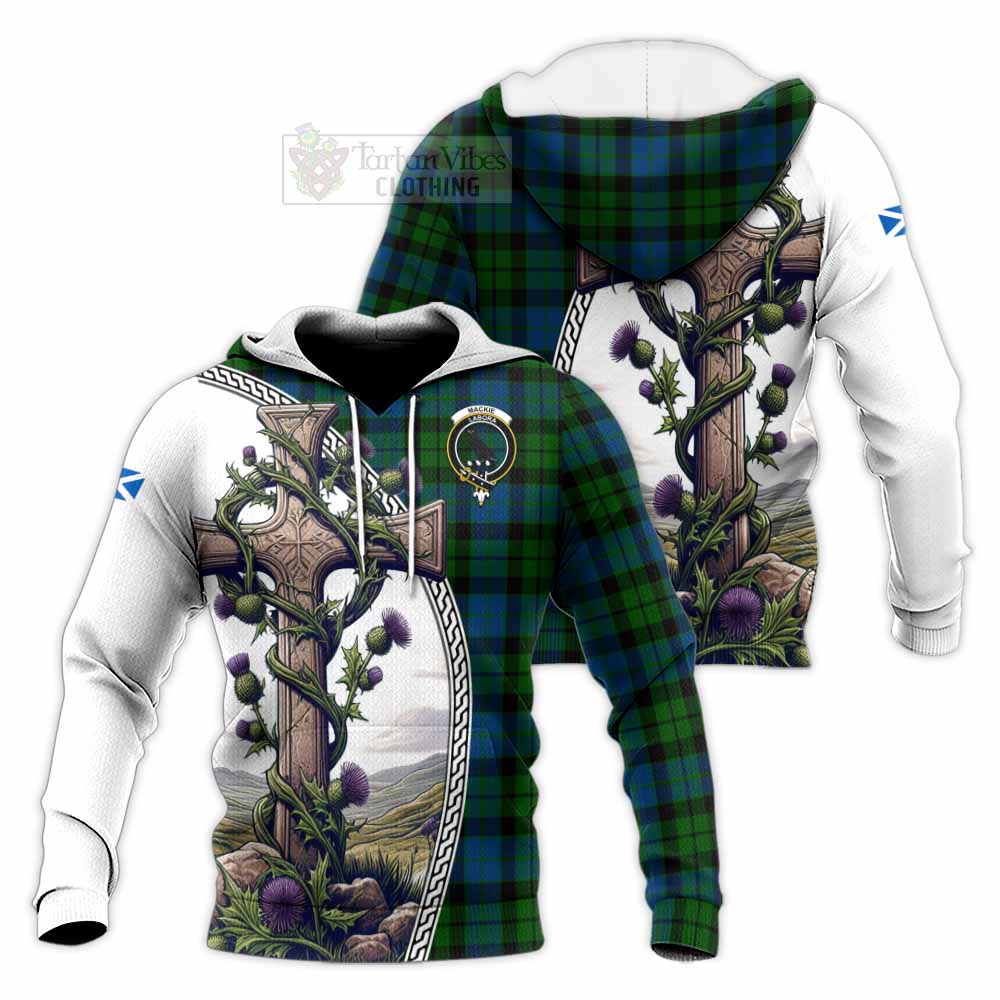 Tartan Vibes Clothing MacKie (McKie) Tartan Knitted Hoodie with Family Crest and St. Andrew's Cross Accented by Thistle Vines