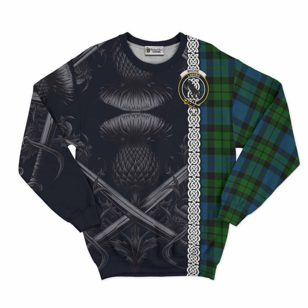 Tartan Vibes Clothing MacKie (McKie) Tartan Sweatshirt with Family Crest Cross Sword Thistle Celtic Vibes