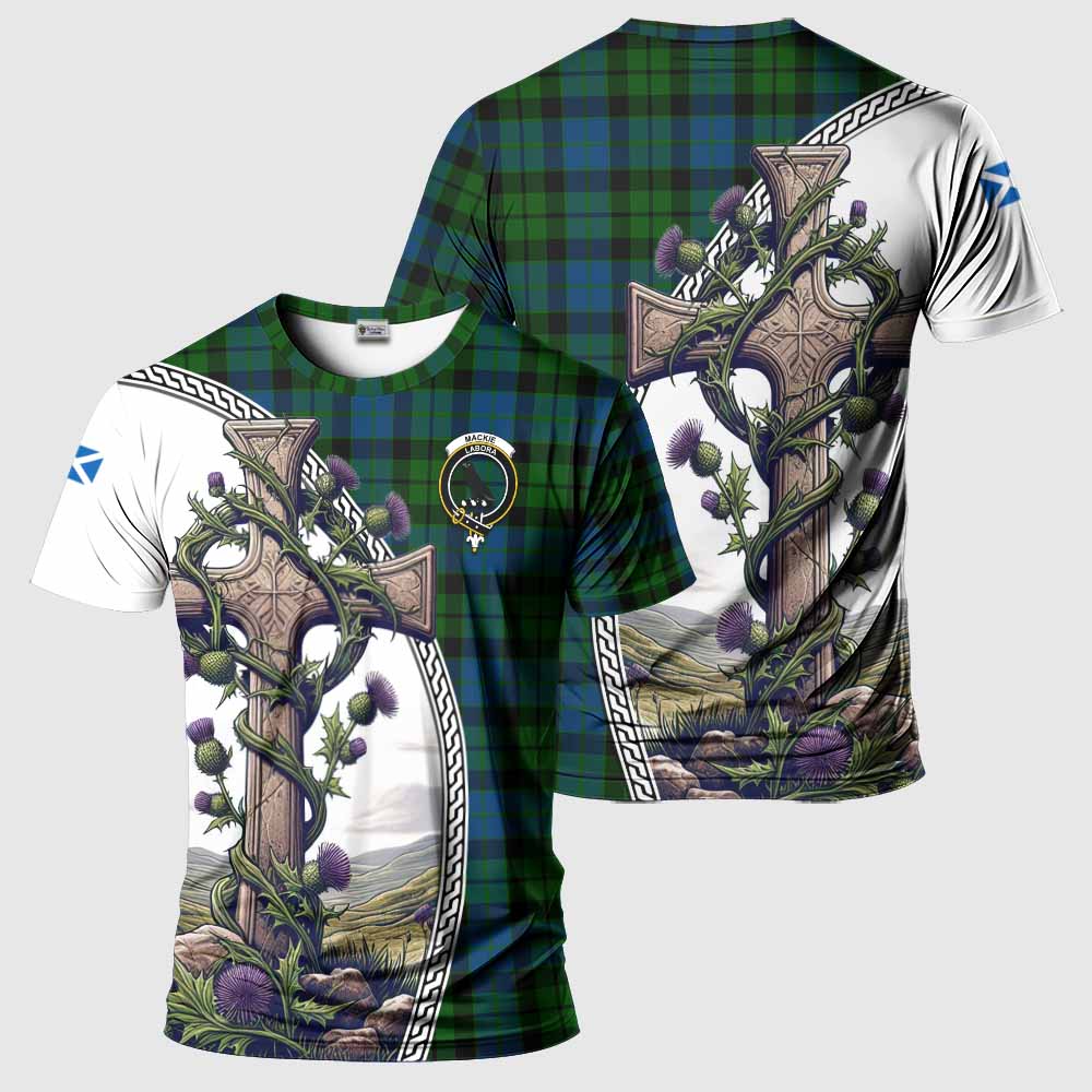 Tartan Vibes Clothing MacKie (McKie) Agnew Tartan T-Shirt with Family Crest and St. Andrew's Cross Accented by Thistle Vines