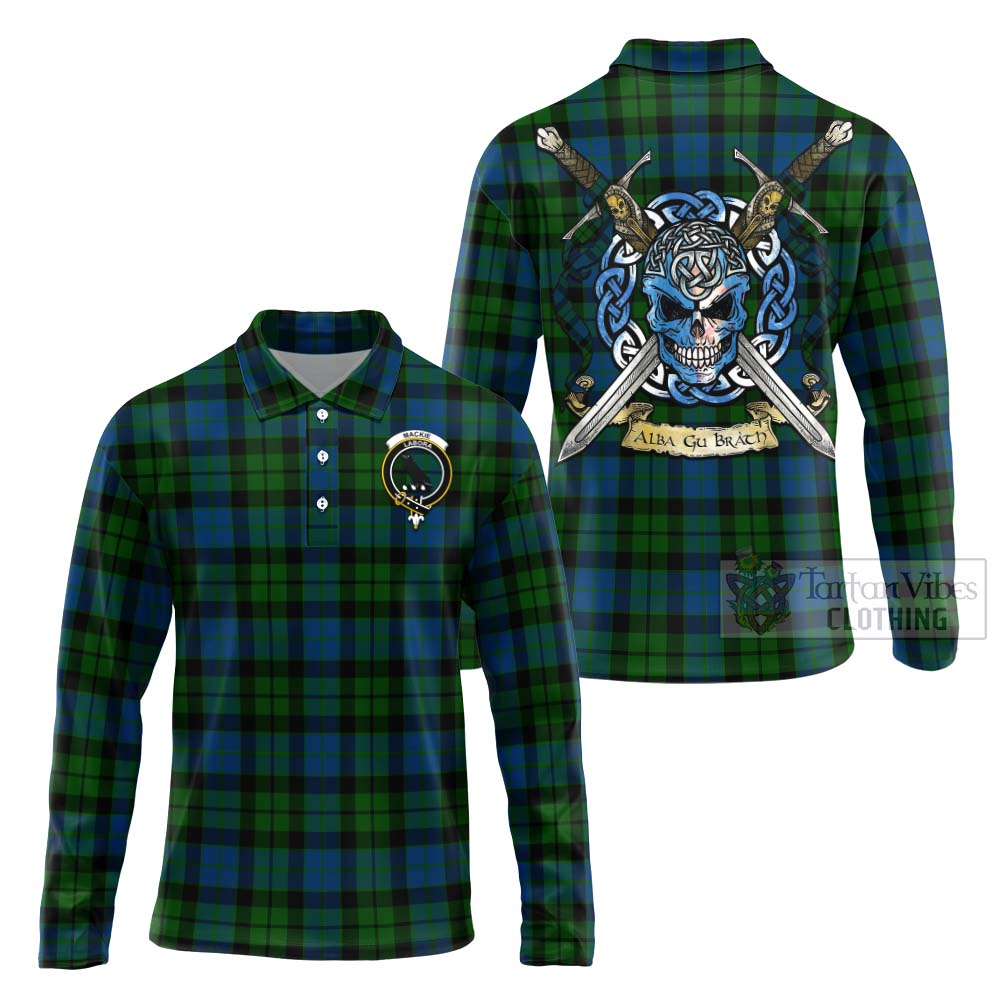 Tartan Vibes Clothing MacKie (McKie) Tartan Long Sleeve Polo Shirt with Family Crest Celtic Skull Style