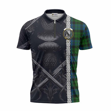 MacKie (McKie) Tartan Zipper Polo Shirt with Family Crest Cross Sword Thistle Celtic Vibes