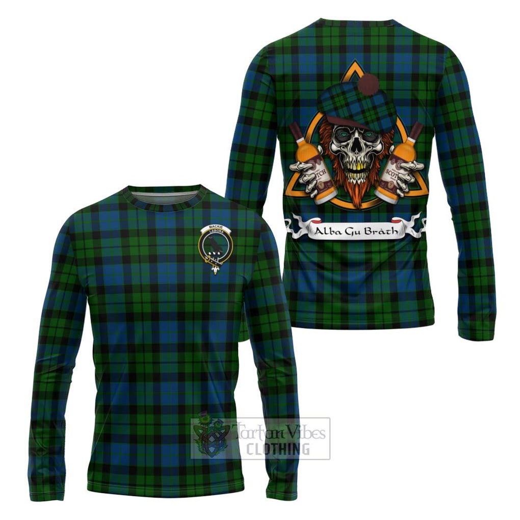 Tartan Vibes Clothing MacKie (McKie) Tartan Long Sleeve T-Shirt with Family Crest and Bearded Skull Holding Bottles of Whiskey