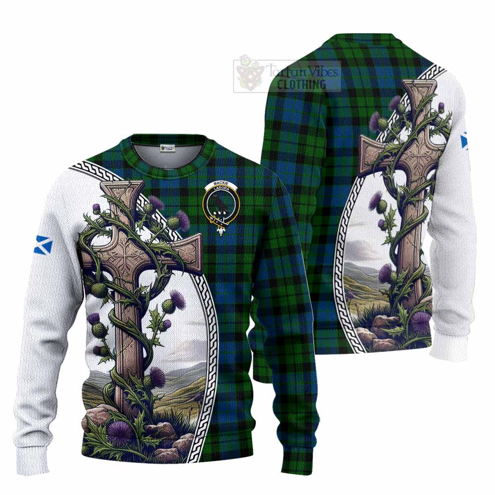 Tartan Vibes Clothing MacKie (McKie) Tartan Knitted Sweater with Family Crest and St. Andrew's Cross Accented by Thistle Vines