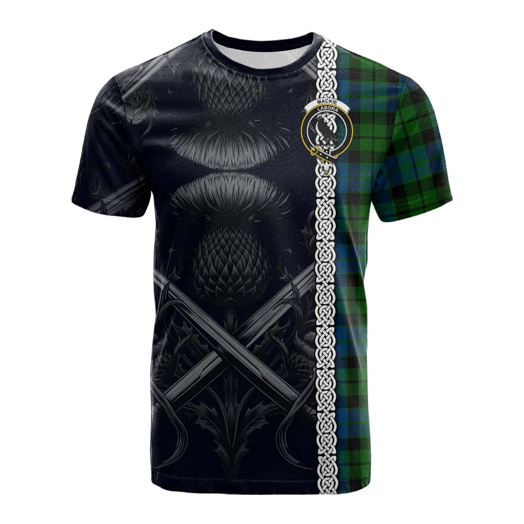 Tartan Vibes Clothing MacKie (McKie) Tartan Cotton T-shirt with Family Crest Cross Sword Thistle Celtic Vibes