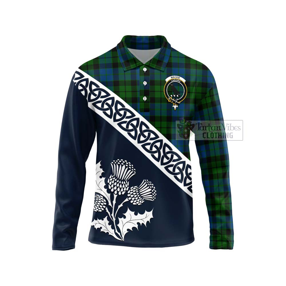 Tartan Vibes Clothing MacKie (McKie) Tartan Long Sleeve Polo Shirt Featuring Thistle and Scotland Map