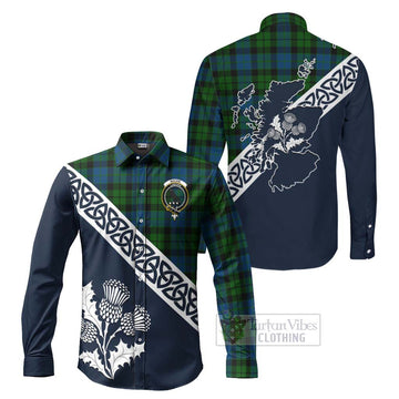 MacKie (McKie) Tartan Long Sleeve Button Shirt Featuring Thistle and Scotland Map