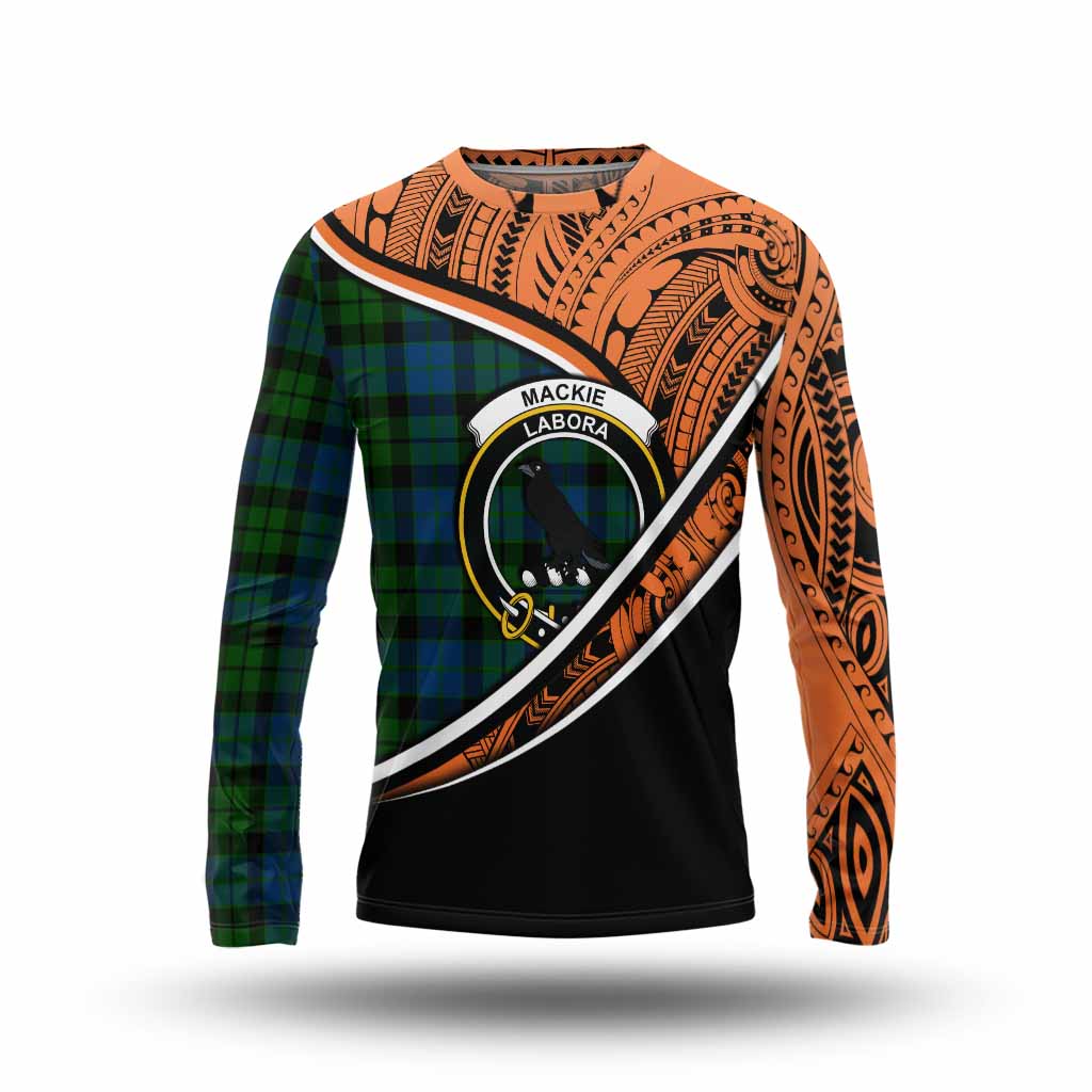 Tartan Vibes Clothing MacKie (McKie) Crest Tartan Long Sleeve T-Shirt with Maori Tattoo Style - Orange Version