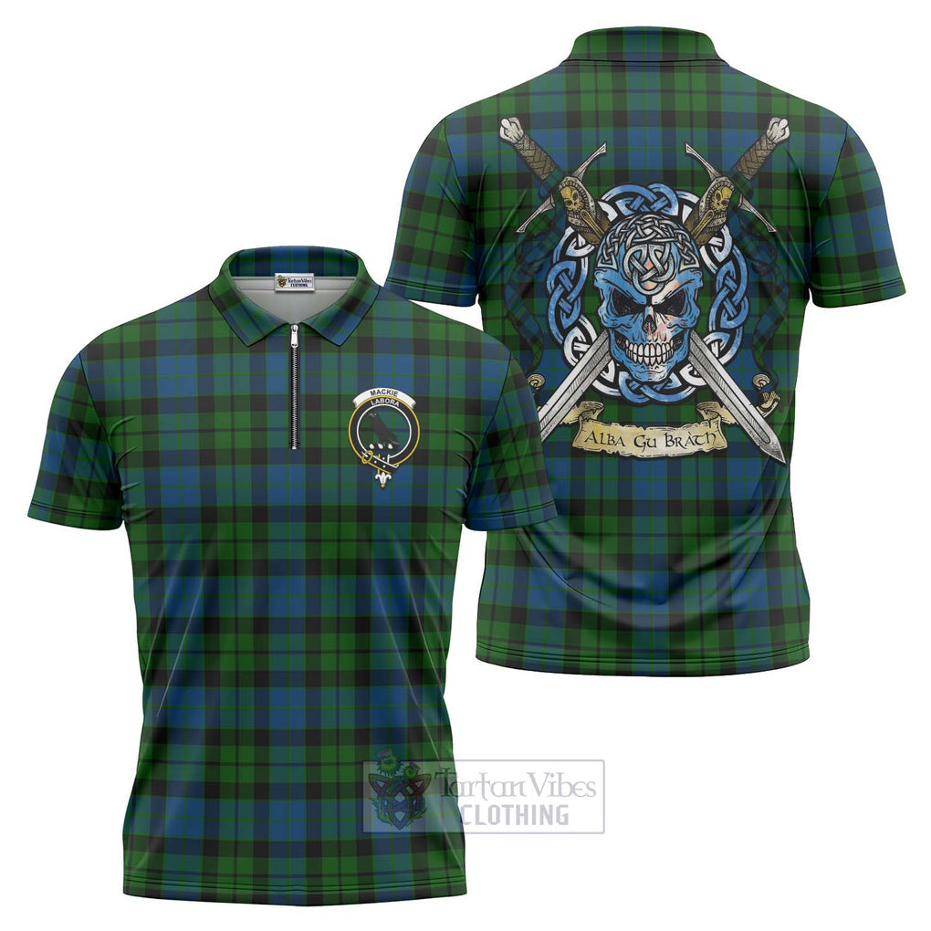 Tartan Vibes Clothing MacKie (McKie) Tartan Zipper Polo Shirt with Family Crest Celtic Skull Style