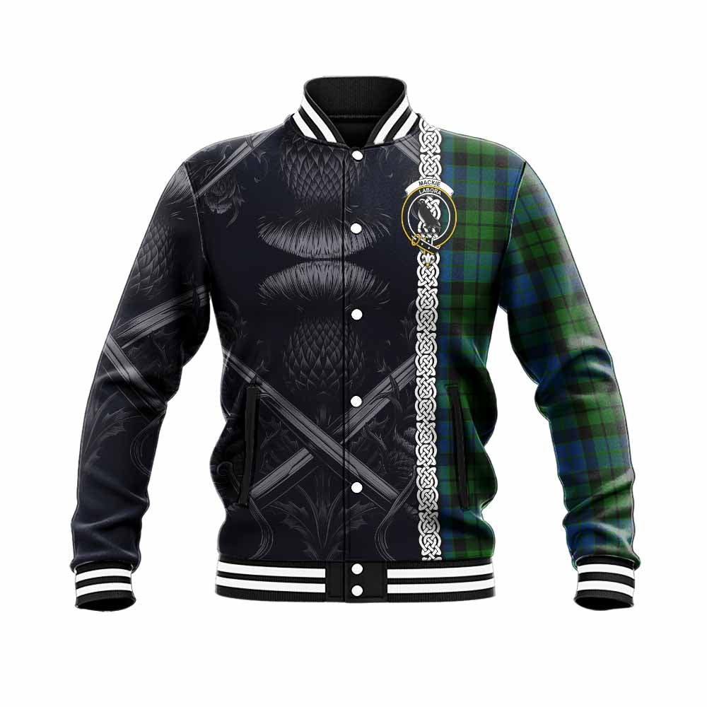 Tartan Vibes Clothing MacKie (McKie) Tartan Baseball Jacket with Family Crest Cross Sword Thistle Celtic Vibes