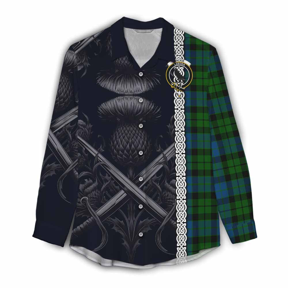 Tartan Vibes Clothing MacKie (McKie) Tartan Women's Casual Shirt with Family Crest Cross Sword Thistle Celtic Vibes