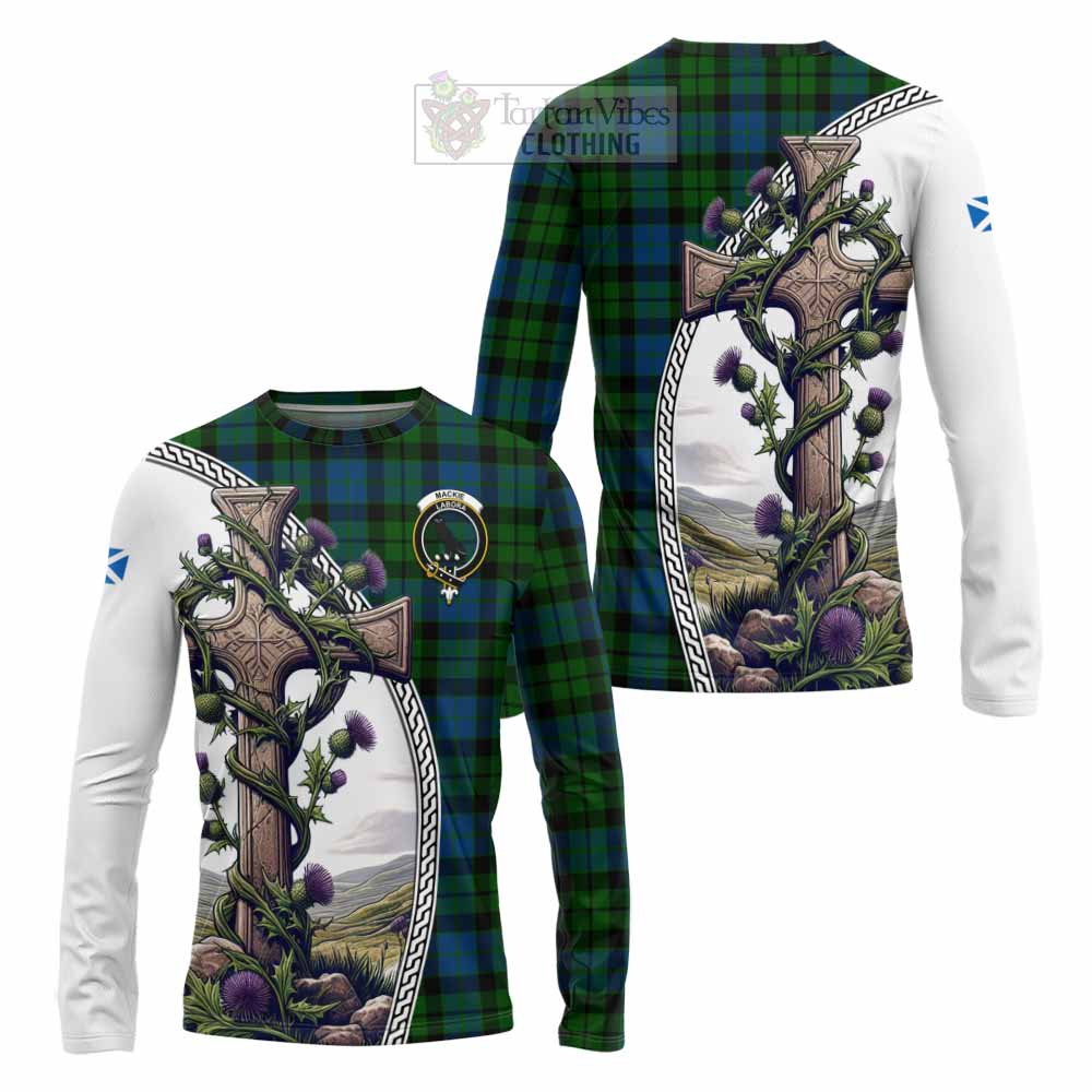 Tartan Vibes Clothing MacKie (McKie) Tartan Long Sleeve T-Shirt with Family Crest and St. Andrew's Cross Accented by Thistle Vines