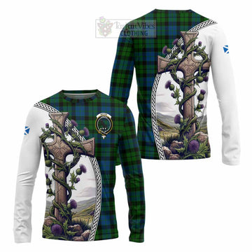 MacKie (McKie) Tartan Long Sleeve T-Shirt with Family Crest and St. Andrew's Cross Accented by Thistle Vines