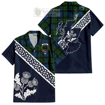 MacKie (McKie) Tartan Short Sleeve Button Shirt Featuring Thistle and Scotland Map