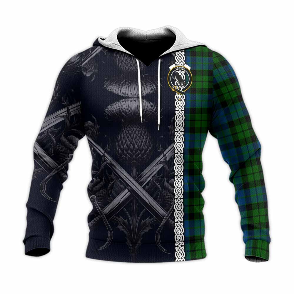 Tartan Vibes Clothing MacKie (McKie) Tartan Knitted Hoodie with Family Crest Cross Sword Thistle Celtic Vibes