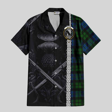 MacKie (McKie) Tartan Short Sleeve Button Shirt with Family Crest Cross Sword Thistle Celtic Vibes