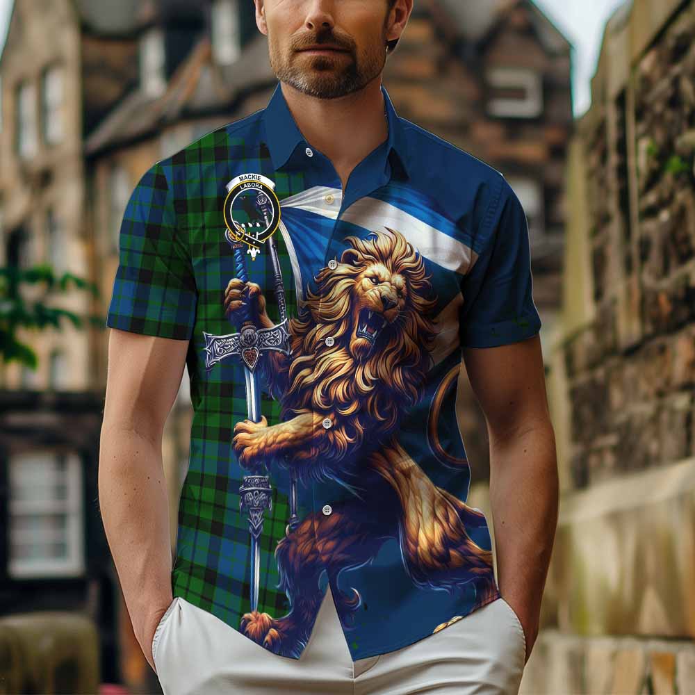 Tartan Vibes Clothing MacKie (McKie) Tartan Family Crest Short Sleeve Button Shirt with Scottish Majestic Lion