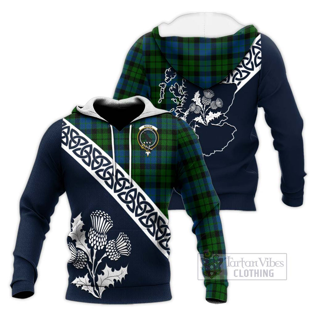 Tartan Vibes Clothing MacKie (McKie) Tartan Knitted Hoodie Featuring Thistle and Scotland Map