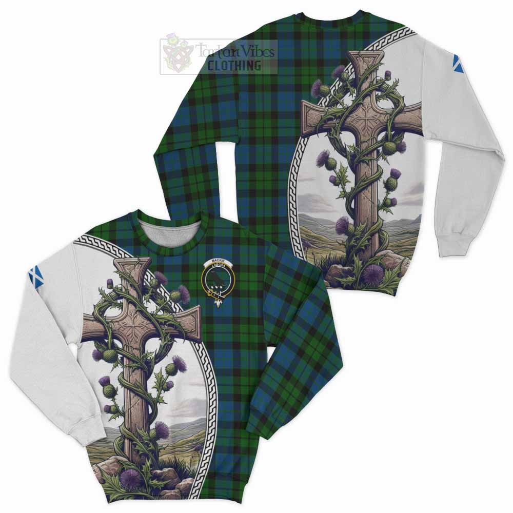 Tartan Vibes Clothing MacKie (McKie) Tartan Sweatshirt with Family Crest and St. Andrew's Cross Accented by Thistle Vines