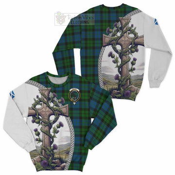 MacKie (McKie) Tartan Sweatshirt with Family Crest and St. Andrew's Cross Accented by Thistle Vines