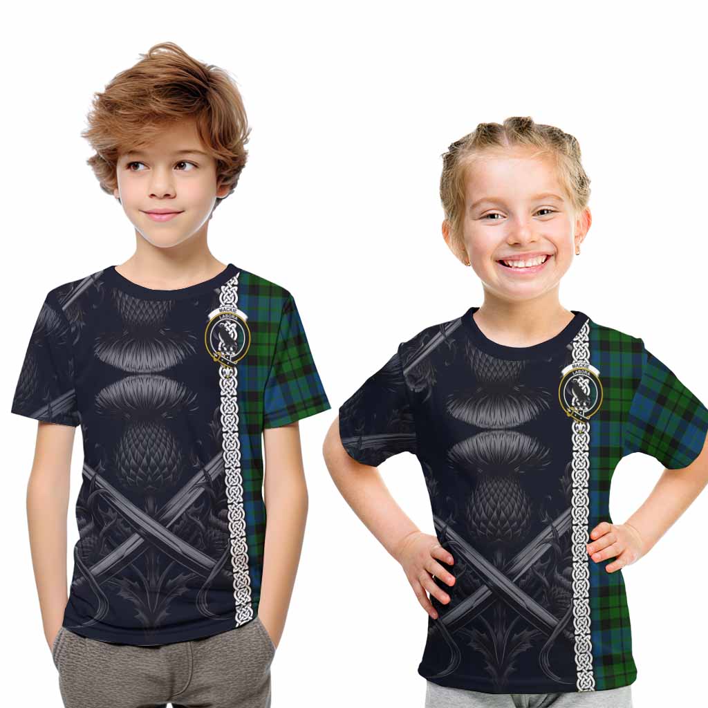 Tartan Vibes Clothing MacKie (McKie) Tartan Kid T-Shirt with Family Crest Cross Sword Thistle Celtic Vibes