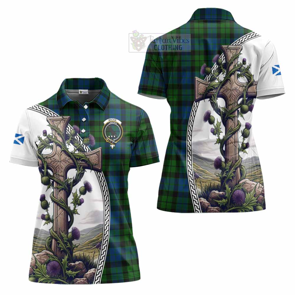 Tartan Vibes Clothing MacKie (McKie) Tartan Women's Polo Shirt with Family Crest and St. Andrew's Cross Accented by Thistle Vines