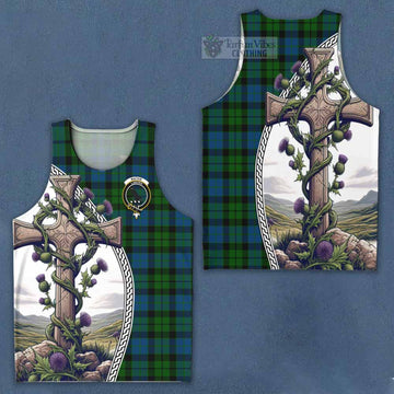 MacKie (McKie) Tartan Men's Tank Top with Family Crest and St. Andrew's Cross Accented by Thistle Vines