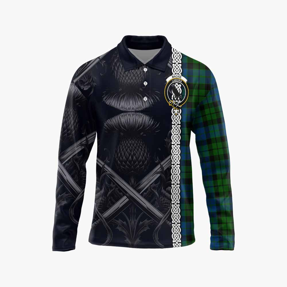 Tartan Vibes Clothing MacKie (McKie) Tartan Long Sleeve Polo Shirt with Family Crest Cross Sword Thistle Celtic Vibes