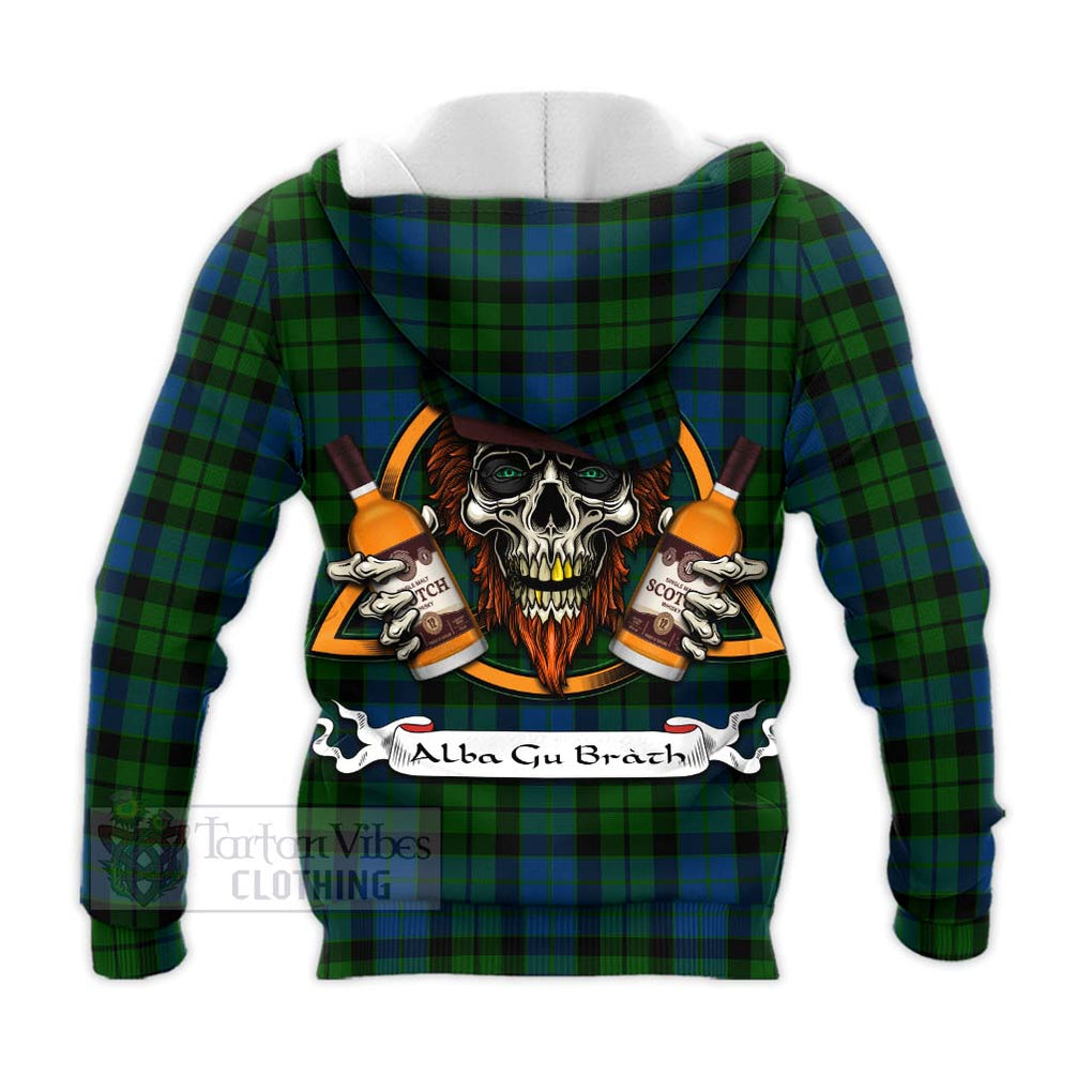 Tartan Vibes Clothing MacKie (McKie) Tartan Knitted Hoodie with Family Crest and Bearded Skull Holding Bottles of Whiskey